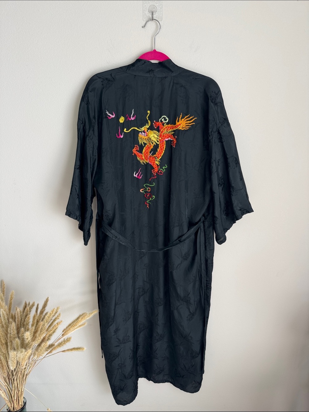Vintage Esme Black Dragon Embroidered Rayon Kimono Robe Duster M - Picture 8 of 13